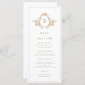 Trouwhulp in retro goud en wit met monogramembleem menu (Voorkant / Achterkant)
