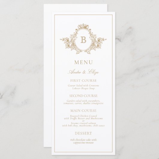 Trouwhulp in retro goud en wit met monogramembleem menu (Voorkant / Achterkant)