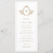 Trouwhulp in retro goud en wit met monogramembleem menu (Voorkant)