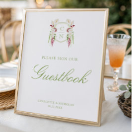 Trouwhuwelijksgastboekbord met cascade bloemenmono poster
