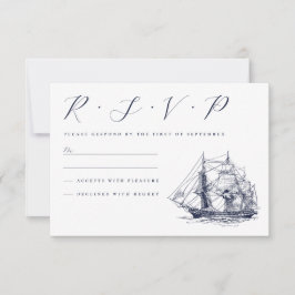 Trouwillustratie met vintage scheepvaart RSVP kaartje