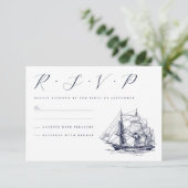 Trouwillustratie met vintage scheepvaart RSVP kaartje (Staand voorkant)