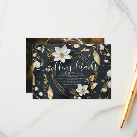 Trouwinformatie Details Foto met bloemenkrans Informatiekaartje (Voorkant / Achterkant in situ)