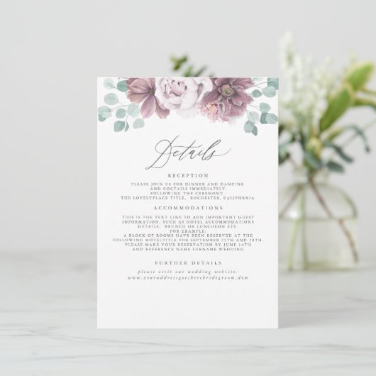 Trouwinformatie in mauve bloemmotief informatiekaartje (Staand voorkant)