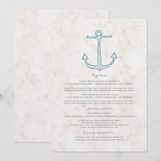 Trouwinformatie met roodblauwe rustieke anker kaart (Voorkant / Achterkant)