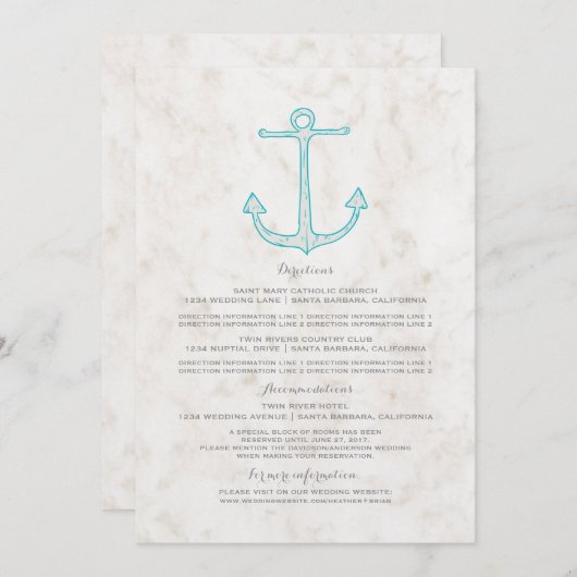 Trouwinformatie met Teal Rustic Anker Kaart (Voorkant / Achterkant)
