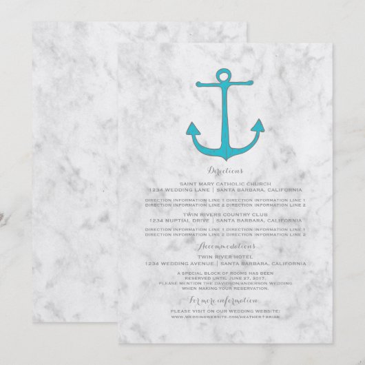 Trouwinformatie met Turquoise Rustieke Anker Kaart (Voorkant / Achterkant)