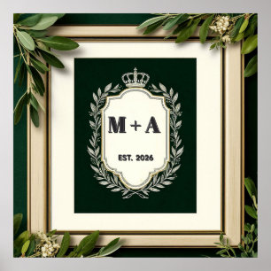 Trouwinitiaal met kroon in vintage-stijl poster