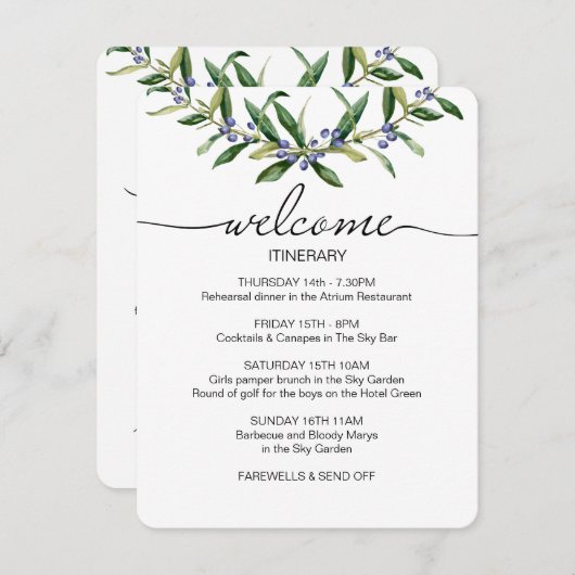 Trouwitinerary Olijventakje Welcome Favor Informatiekaartje (Voorkant / Achterkant)