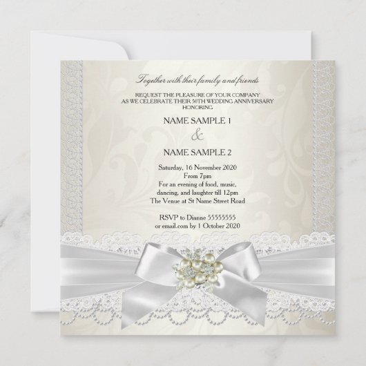 Trouwjubileum Crème Witte Parel Kant Diamant Kaart (Achterkant)