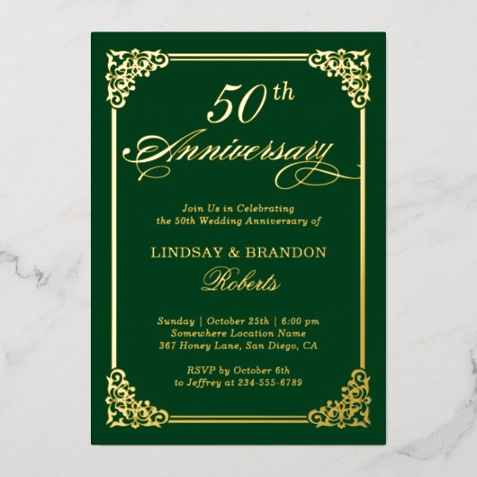 Trouwjubileum Elegante Lijst Groen Goud Echt Folie Uitnodiging (Voorkant)