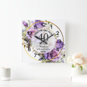 Trouwjubileum gouden lijst paarse rozen verjaardag vierkante klok (Huis)