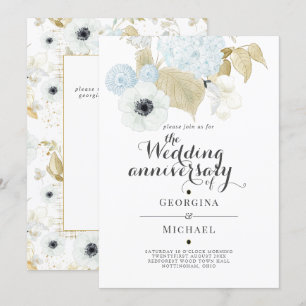 Trouwjubileum in Aquamarine Blauw Goud Bloemig Kaart