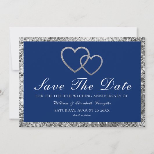 Trouwjubileum Zilveren Harten Blauw Save The Date (Voorkant)