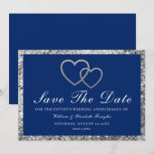 Trouwjubileum Zilveren Harten Blauw Save The Date (Voorkant / Achterkant)