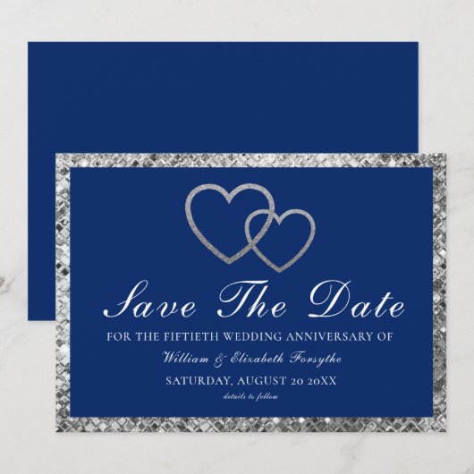 Trouwjubileum Zilveren Harten Blauw Save The Date (Voorkant / Achterkant)
