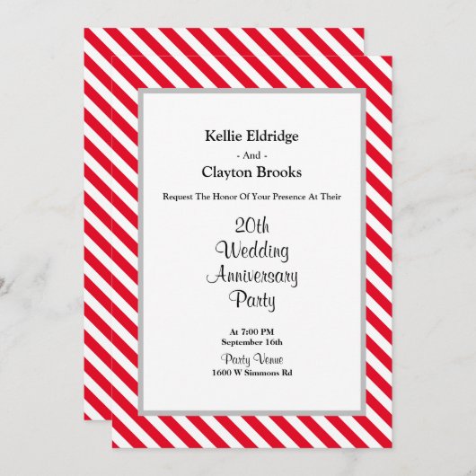Trouwjubileumfeest met rode en witte strepen kaart (Voorkant / Achterkant)