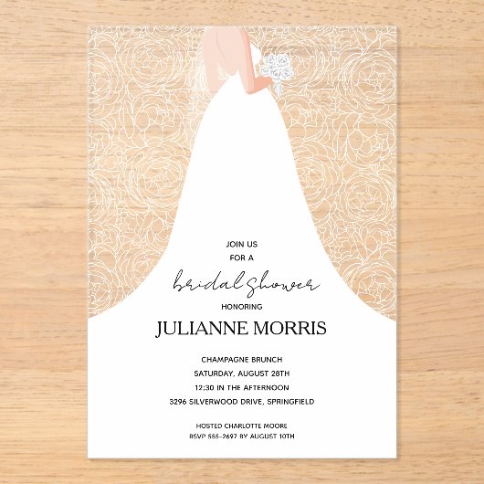 Trouwjurk Bloemige Bruidsdouche Acryl Uitnodigingen (Voorkant)