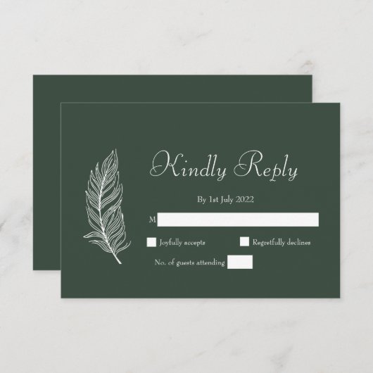 Trouwjurk donkergroen en wit eenvoudig RSVP kaartje (Voorkant / Achterkant)