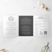 Trouwjurk met monogram in houtskoolgrijs all-in-on drieluik uitnodiging (Binnen)