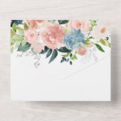 Trouwjurk met Navy Blauwe en Blush Bloemen All In One Uitnodiging (Achterkant)