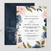 Trouwjurk met Navy Blauwe Roze Roos Boho QR Code Kaart (Voorkant / Achterkant)