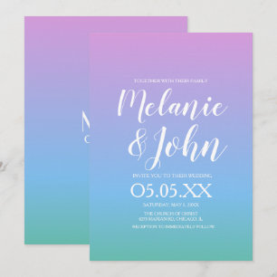 Trouwjurk met ombre-effect in regenboogtinten paar kaart