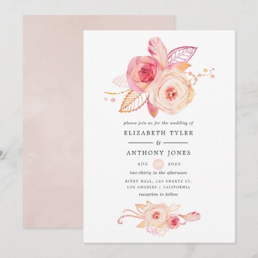 Trouwjurk met Pastel Roze Bloemen en Kant Kaart (Voorkant / Achterkant)