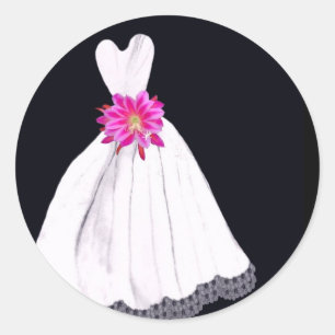 Trouwjurk met roze tropische bloem boeket ronde sticker