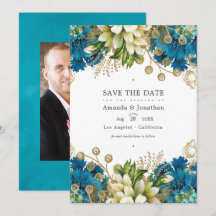 Trouwjurk met vintage turquoise en gouden bloemen