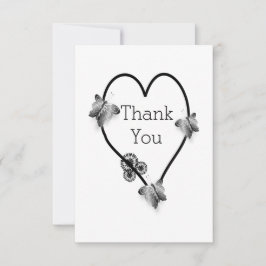 Trouwjurk met zwart-wit vlindermotief hartontwerp bedankkaart