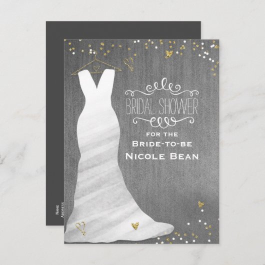 Trouwjurk Modern Glam & Heart Confetti Bridal Uitnodiging Briefkaart (Voorkant / Achterkant)