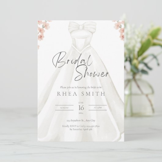 Trouwjurk roze bloemenbruids douche uitnodiging (Staand voorkant)