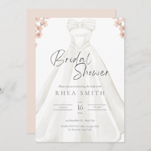 Trouwjurk roze bloemenbruids douche uitnodiging (Voorkant / Achterkant)