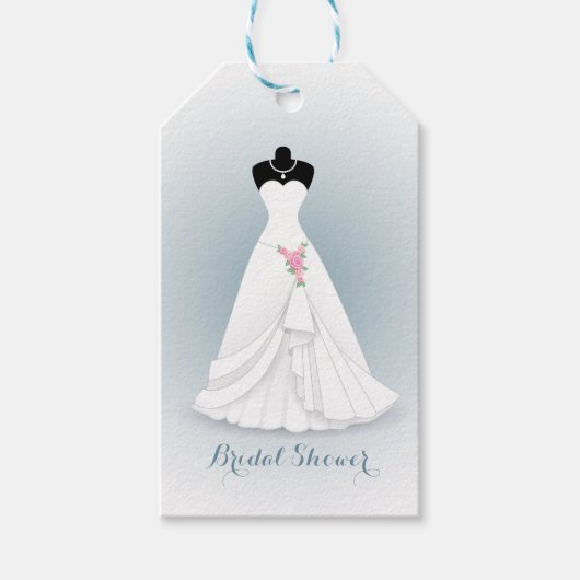 Trouwjurk, rozen op grijs blauw cadeaulabel (Voorkant)