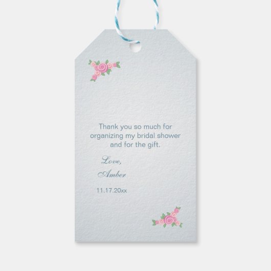 Trouwjurk, rozen op grijs blauw cadeaulabel (Achterkant)