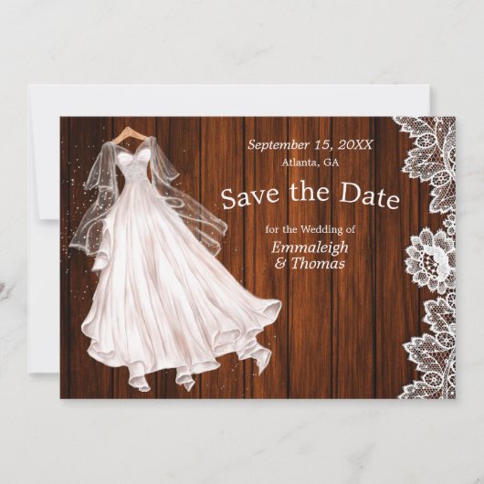 Trouwjurk Save the Date Rustieke Houten Kant (Voorkant)