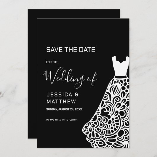 Trouwjurk van witte kant save the date (Voorkant / Achterkant)