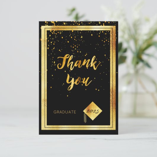 Trouwkaart afstudeerders zwart goud confetti bedankkaart (Staand voorkant)