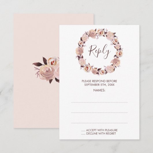 Trouwkaart Antwoordkaart met Roze Rozenkrans RSVP Kaartje (Voorkant / Achterkant)
