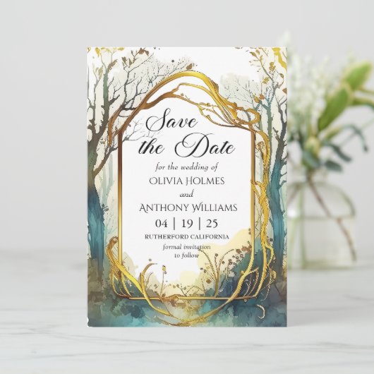 Trouwkaart 'Betoverd bos' Save The Date (Staand voorkant)