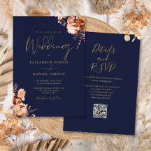 Trouwkaart blauw en goud met QR code herfst