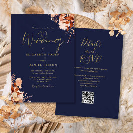 Trouwkaart blauw en goud met QR code herfst Kaart