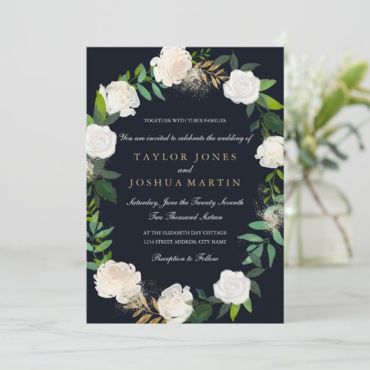 Trouwkaart Bloemenkrans Blush Navy Goud Kaart (Staand voorkant)