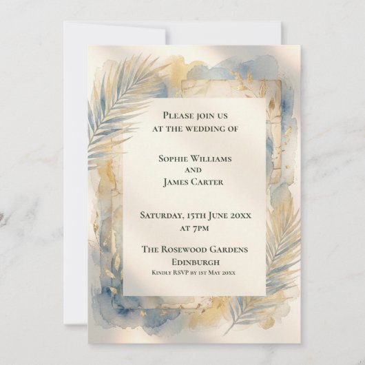 Trouwkaart Blue Gold Palm Bruiloft Kaart (Voorkant)