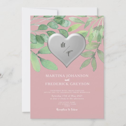 Trouwkaart Blush Groene Monogram Hart Kaart (Voorkant)