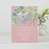 Trouwkaart Blush Groene Monogram Hart Kaart (Staand voorkant)