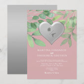Trouwkaart Blush Groene Monogram Hart Kaart (Voorkant / Achterkant)