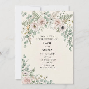 Trouwkaart Blush Ivoor Roos Eucalyptus Varens Kaart
