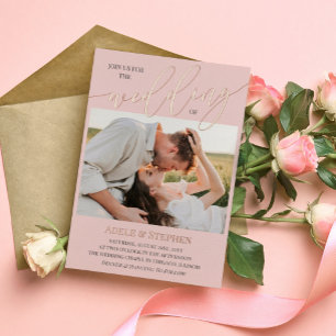 Trouwkaart Blush Join Us Script Foto's Dubbelzijdi Folie Uitnodiging